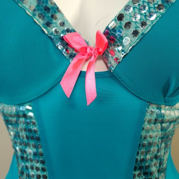Vintage Bustier Corset Lingerie L Teal Blue Silver Sequin Underwired Pink Ribbon - Picture 4 of 8